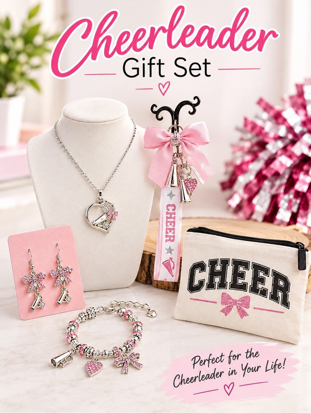 Pink & Silver Tone Cheerleader Gift Set With Jewelry, Bag Charm & Make-up Bag